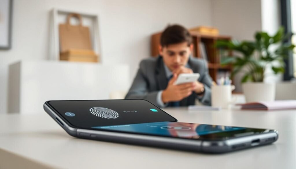 A sleek, modern smartphone displaying a biometric security feature, such as a fingerprint scanner or facial recognition interface, prominently in the foreground. The device is set on a minimalist desk with a subtle reflection on the surface. In the middle ground, a professional individual in business attire is thoughtfully interacting with the phone, their focused expression highlighting the serious nature of data security. The background features soft-focus elements, like a bookshelf and a potted plant, creating a calming atmosphere. Soft, natural light filters in from a nearby window, enhancing the image's professionalism. The overall mood conveys an atmosphere of security and efficiency, emphasizing the importance of protecting sensitive information on mobile devices. A sleek, modern smartphone displaying a biometric security feature, such as a fingerprint scanner or facial recognition interface, prominently in the foreground. The device is set on a minimalist desk with a subtle reflection on the surface. In the middle ground, a professional individual in business attire is thoughtfully interacting with the phone, their focused expression highlighting the serious nature of data security. The background features soft-focus elements, like a bookshelf and a potted plant, creating a calming atmosphere. Soft, natural light filters in from a nearby window, enhancing the image's professionalism. The overall mood conveys an atmosphere of security and efficiency, emphasizing the importance of protecting sensitive information on mobile devices.