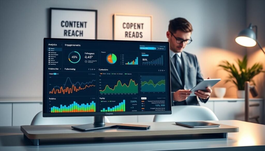 A sleek, modern social media analytics dashboard displayed on a high-resolution monitor set on a minimalist desk. In the foreground, vibrant graphs and charts showcase engagement metrics, follower growth, and content reach, designed with a color palette of blues, greens, and oranges for clarity. In the middle ground, a professional-looking individual in smart business attire is intently studying the data, using a tablet to navigate through various reports. The background features a softly lit office environment with a motivational poster and a plant, creating an atmosphere of productivity and focus. The lighting is bright but soft, with a slight glow reflecting off the screen, capturing a sense of contemporary workspace energy.