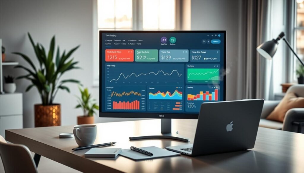 A sleek, modern time tracking software dashboard displayed on a computer screen in a well-lit home office. In the foreground, the screen shows vibrant graphs and charts that visualize time spent on various tasks, with a focus on productivity metrics. The middle layer features a stylish desk with a laptop, a notepad, and a steaming cup of coffee, suggesting a productive work environment. In the background, soft, natural light filters through a window, illuminating potted plants and a cozy armchair. The overall mood is professional yet inviting, conveying a sense of organization and clarity. Ensure that the workspace appears tidy, with no personal items visible. The scene should evoke a sense of focus and efficiency in a remote work setting.