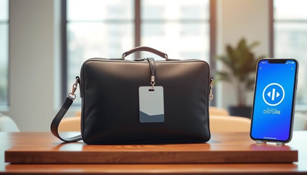 A sleek, modern work briefcase placed on a polished wooden tabletop, with a high-resolution ID badge hanging from it, symbolizing professionalism and organization. The briefcase is black leather, showcasing clean lines and a subtle shine. In the background, a blurred office setting features a large window letting in soft, natural light, creating an inviting atmosphere. On the side, a vibrant smartphone displaying a 'Do Not Disturb' icon signifies the concept of separating work from personal life. The image is captured from a slightly elevated angle to emphasize the briefcase and badge, with a focus on clarity and detail. The mood is calm and focused, emphasizing the theme of managing work-life balance effectively. A sleek, modern work briefcase placed on a polished wooden tabletop, with a high-resolution ID badge hanging from it, symbolizing professionalism and organization. The briefcase is black leather, showcasing clean lines and a subtle shine. In the background, a blurred office setting features a large window letting in soft, natural light, creating an inviting atmosphere. On the side, a vibrant smartphone displaying a 'Do Not Disturb' icon signifies the concept of separating work from personal life. The image is captured from a slightly elevated angle to emphasize the briefcase and badge, with a focus on clarity and detail. The mood is calm and focused, emphasizing the theme of managing work-life balance effectively.