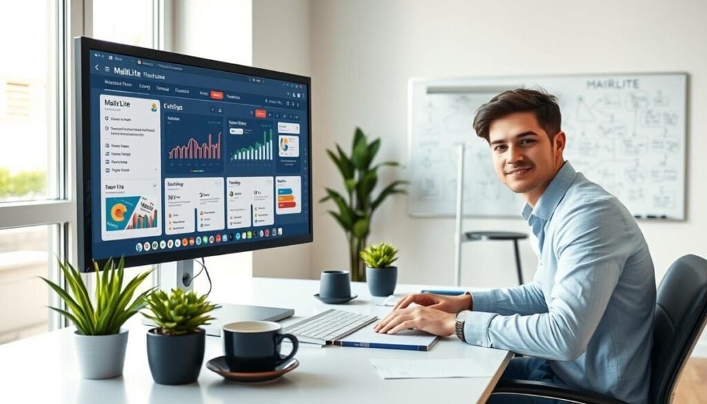 A sleek, modern workspace featuring a computer screen displaying the MailerLite email marketing software interface, showcasing stylish graphs and email templates. In the foreground, a confident young entrepreneur in smart-casual business attire sits at a clean, organized desk, typing efficiently. A few vibrant plants add life to the scene, while coffee mugs and notes hint at productivity. In the middle ground, soft natural light filters in through large windows, illuminating the room's bright color palette. The background shows a minimalist whiteboard with brainstorming flowcharts related to startup growth strategies. The atmosphere is inspiring and dynamic, capturing the essence of innovation and growth in the digital marketing world, suitable for startups in 2026. A sleek, modern workspace featuring a computer screen displaying the MailerLite email marketing software interface, showcasing stylish graphs and email templates. In the foreground, a confident young entrepreneur in smart-casual business attire sits at a clean, organized desk, typing efficiently. A few vibrant plants add life to the scene, while coffee mugs and notes hint at productivity. In the middle ground, soft natural light filters in through large windows, illuminating the room's bright color palette. The background shows a minimalist whiteboard with brainstorming flowcharts related to startup growth strategies. The atmosphere is inspiring and dynamic, capturing the essence of innovation and growth in the digital marketing world, suitable for startups in 2026.