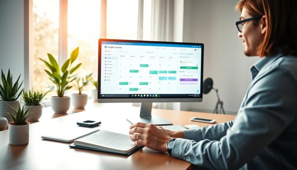A sleek, modern workspace featuring a digital appointment booking system displayed on a large computer screen. In the foreground, a professional solo entrepreneur, dressed in smart casual attire, is intently interacting with the system, with a contemporary desk cluttered with a planner, a smartphone, and a cup of coffee. The middle ground showcases the computer interface, prominently showing an intuitive calendar and various scheduling options. In the background, soft natural light streams through a large window, illuminating potted plants and minimalistic decor, creating an inviting and productive atmosphere. Use a close-up angle to emphasize the interaction and technology, with a warm color palette to convey a sense of efficiency and comfort.