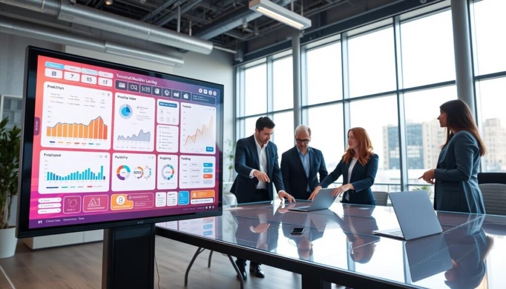 A sleek, modern workspace featuring an automation machine learning interface on a large, vibrant digital screen in the foreground, showcasing intricate data visualizations and user-friendly controls. The screen displays predictive analytics graphs, algorithm flowcharts, and interactive buttons, all designed for intuitive use. In the middle ground, a diverse group of professionals in business attire collaborates around a high-tech table, pointing at the display and engaging in discussion. The background features a bright, airy office with large windows allowing natural light to pour in, creating a warm and inviting atmosphere. The scene conveys innovation and teamwork, captured from a slightly elevated angle to encompass the dynamic interaction between technology and users.