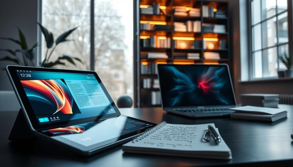 A sleek, modern workspace showcasing innovative writing tools for both creative and technical writing. In the foreground, a high-tech digital tablet with a stylus rests alongside a premium laptop, both displaying vibrant, interactive writing interfaces. A smart notepad with a glowing outline is partially open, revealing handwritten notes and sketches. In the middle background, a futuristic bookshelf is filled with both classic literature and contemporary writing guides, under soft ambient lighting that enhances the atmosphere of productivity and inspiration. Large windows let in natural light, casting gentle shadows across the space. The overall mood is motivating and sophisticated, suitable for professionals in the writing field. The composition should focus on clarity and creativity, with a slight depth-of-field effect to emphasize the writing tools.