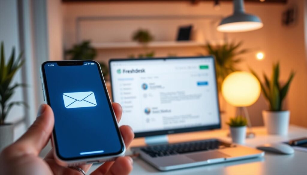 A sleek, modern workspace with a computer screen displaying a vibrant email notification interface. In the foreground, a close-up of a smartphone receiving an email alert, with a glowing notification icon. In the middle, a desktop with a laptop open to a Freshdesk dashboard, showcasing automated emails in clean, minimalist design. The background features soft focus elements, like a productive office environment with potted plants and subtle hints of technology. The lighting is bright and inviting, creating a professional atmosphere. Capture the excitement of automating workflows and keeping track of important notifications, highlighting a sense of efficiency and clarity. The image should be vibrant yet calming, reflecting professionalism. A sleek, modern workspace with a computer screen displaying a vibrant email notification interface. In the foreground, a close-up of a smartphone receiving an email alert, with a glowing notification icon. In the middle, a desktop with a laptop open to a Freshdesk dashboard, showcasing automated emails in clean, minimalist design. The background features soft focus elements, like a productive office environment with potted plants and subtle hints of technology. The lighting is bright and inviting, creating a professional atmosphere. Capture the excitement of automating workflows and keeping track of important notifications, highlighting a sense of efficiency and clarity. The image should be vibrant yet calming, reflecting professionalism.
