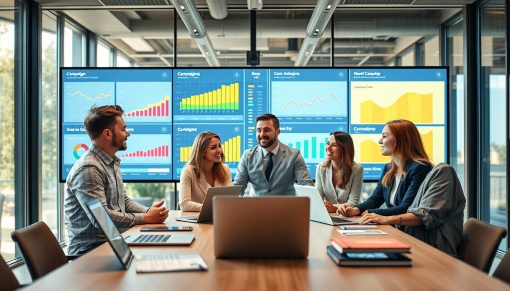 A sleek, professional workspace featuring a large screen displaying colorful graphs and analytics related to campaign performance. In the foreground, a diverse group of three professionals, wearing business attire, actively discussing insights. The middle ground showcases a modern conference table with laptops, tablets, and notebooks scattered around. The background reveals a vibrant office environment with large windows letting in warm, natural light that enhances the collaborative atmosphere. Use a slightly angled perspective to create depth, focusing on the engaged expressions of the team. The overall mood should be dynamic, reflecting teamwork and analytical thinking, embodying a sense of competition and purpose in campaign benchmarking.
