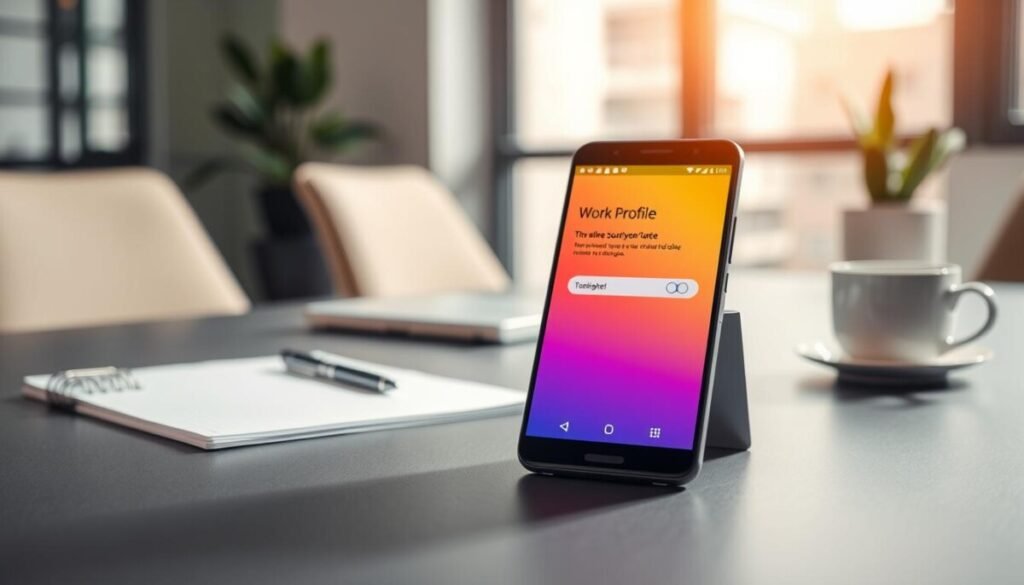 A sleek smartphone resting on a modern desk, prominently displaying the Android work profile interface on its screen. In the foreground, the phone is angled slightly towards the viewer, showcasing the toggle switch for the work profile feature. The middle ground features a tidy workspace, complete with a notepad, a pen, and a cup of coffee for a professional vibe. The background consists of a softly blurred office setting with a window that allows natural light to stream in, creating a warm and inviting atmosphere. The overall mood is focused and organized, reflecting a sense of productivity and efficiency. The image is vibrant, with clear details on the screen, emphasizing the functionality of the Android work profile toggle. A sleek smartphone resting on a modern desk, prominently displaying the Android work profile interface on its screen. In the foreground, the phone is angled slightly towards the viewer, showcasing the toggle switch for the work profile feature. The middle ground features a tidy workspace, complete with a notepad, a pen, and a cup of coffee for a professional vibe. The background consists of a softly blurred office setting with a window that allows natural light to stream in, creating a warm and inviting atmosphere. The overall mood is focused and organized, reflecting a sense of productivity and efficiency. The image is vibrant, with clear details on the screen, emphasizing the functionality of the Android work profile toggle.