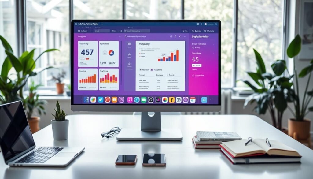A sleek workspace showcasing email marketing automation tools in an organized manner. In the foreground, a modern computer screen displaying vibrant email templates and graphs representing analytics, with user-friendly interface elements. A collection of colorful icons representing automation features like scheduling and personalization surround the screen. In the middle, a neatly arranged desk with a laptop, smartphone, and digital marketing books. The background features a bright office setting with plants and large windows, allowing natural light to flood in, creating an inviting atmosphere. The mood is professional yet creative, reflecting the essence of digital marketing mastery. The image uses soft lighting to emphasize clarity and focus, with a slight angle that adds depth. No text or logos present.