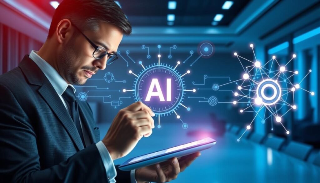 A split-screen image illustrating the concept of judgment patterns, experience, and reasoning in humans and AI. In the foreground, a well-dressed business professional, deeply focused, analyzes data on a digital tablet, surrounded by visual representations of data patterns and neural networks. The middle section features an AI interface with glowing nodes and interconnected lines, symbolizing machine learning and its reasoning capabilities. In the background, a serene, modern office environment with soft blue lighting casts an intellectual atmosphere. The composition is shot from a slightly elevated angle, emphasizing the contrast between human intuition and AI logic, invoking a sense of exploration and curiosity. The overall mood is sophisticated and thought-provoking, inviting viewers to ponder the intersections of human and machine reasoning.