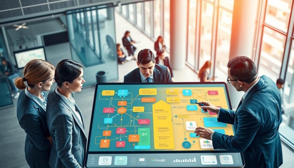 A vibrant and detailed digital illustration depicting the concept of mapping complex workflows. In the foreground, a diverse group of professionals in smart business attire is gathered around a large, interactive touchscreen display, analyzing colorful flowcharts and diagrams. The middle ground features interconnected nodes and pathways representing complex automation processes, with arrows and icons symbolizing different tasks and actions. In the background, a sleek and modern office space with glass walls showcases bustling activity, bright natural light filtering in from large windows. The overall mood is dynamic and innovative, emphasizing collaboration and technology. The image is well-lit, capturing a professional atmosphere using a slight overhead angle to provide a comprehensive view of the workflow design process.