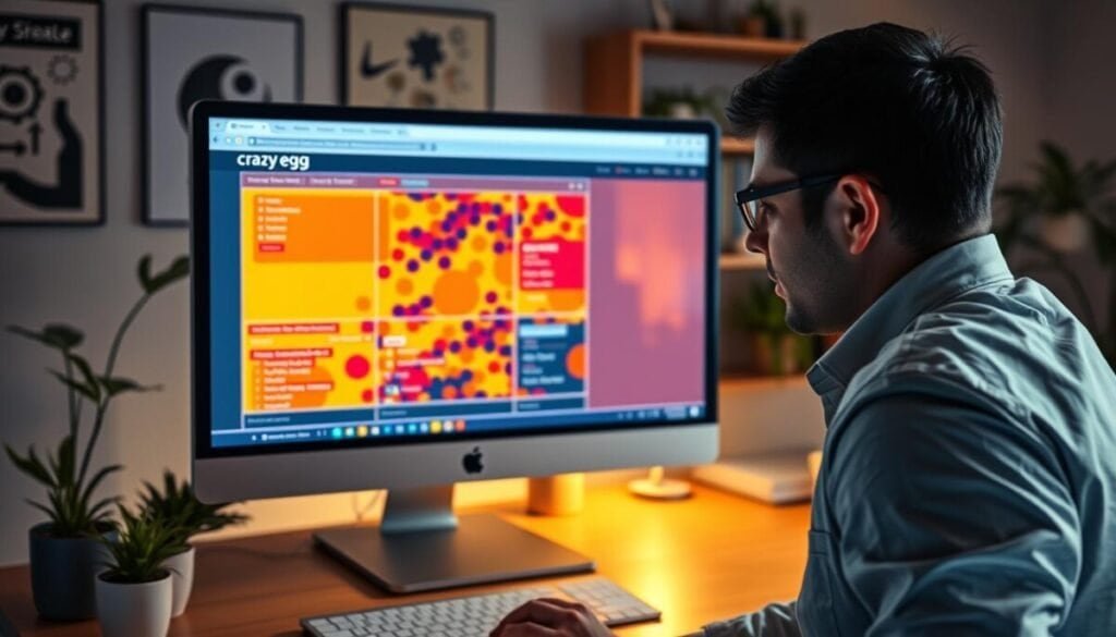A vibrant and detailed visualization of a "Crazy Egg" heatmap displayed on a desktop computer screen. In the foreground, the screen shows bright, colorful areas of red, orange, and yellow overlays depicting user interactions across a webpage outline filled with buttons and links. Subtle gradients enhance the heatmap effect as the background shows a cozy, modern office setting with a wooden desk, potted plants, and soft ambient lighting illuminating the workspace. A professional individual in smart casual attire observes the heatmap intently, adding a sense of engagement and insight. The camera angle is slightly tilted downward, focusing on the screen while capturing the serene atmosphere of the workspace. The overall mood is dynamic yet professional, suggesting the analysis of user behavior with an emphasis on beginner-friendly tools. A vibrant and detailed visualization of a "Crazy Egg" heatmap displayed on a desktop computer screen. In the foreground, the screen shows bright, colorful areas of red, orange, and yellow overlays depicting user interactions across a webpage outline filled with buttons and links. Subtle gradients enhance the heatmap effect as the background shows a cozy, modern office setting with a wooden desk, potted plants, and soft ambient lighting illuminating the workspace. A professional individual in smart casual attire observes the heatmap intently, adding a sense of engagement and insight. The camera angle is slightly tilted downward, focusing on the screen while capturing the serene atmosphere of the workspace. The overall mood is dynamic yet professional, suggesting the analysis of user behavior with an emphasis on beginner-friendly tools.