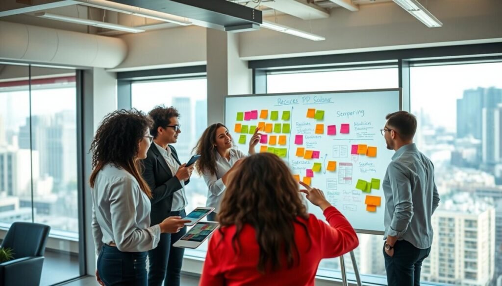 A vibrant and dynamic brainstorming session taking place in a modern office space. In the foreground, a diverse group of six professionals, clad in smart casual attire, collaborate around a large digital whiteboard filled with colorful sticky notes and diagrams. The middle ground features high-tech gadgets such as tablets and laptops, showcasing innovative brainstorming techniques like mind mapping and digital sketching. The background reveals large windows with a cityscape view, bathing the room in soft, natural light. The atmosphere is energetic and collaborative, conveying a sense of creativity and teamwork. The camera angle is slightly elevated, capturing the excitement and engagement of the participants as they share ideas and solutions.