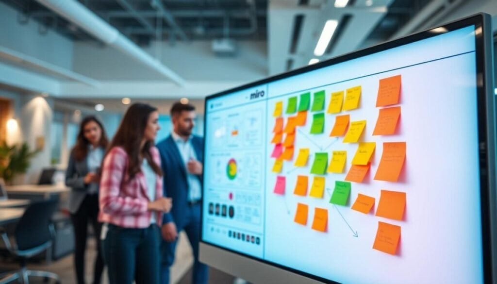 A vibrant and dynamic digital workspace displaying the Miro online whiteboard interface. In the foreground, a large computer screen showcases colorful sticky notes, diagrams, and flowcharts, hinting at collaborative brainstorming sessions. In the middle, blurred figures of diverse professionals, dressed in smart casual attire, actively engaging with the digital platform, illustrating teamwork. The background features a modern office environment with soft lighting and sleek furniture, creating an inviting and productive atmosphere. The scene is captured from a slightly elevated angle, emphasizing the whiteboard's interface while conveying a sense of creativity and innovation, perfect for streamlining complex workflows in a remote setting. A vibrant and dynamic digital workspace displaying the Miro online whiteboard interface. In the foreground, a large computer screen showcases colorful sticky notes, diagrams, and flowcharts, hinting at collaborative brainstorming sessions. In the middle, blurred figures of diverse professionals, dressed in smart casual attire, actively engaging with the digital platform, illustrating teamwork. The background features a modern office environment with soft lighting and sleek furniture, creating an inviting and productive atmosphere. The scene is captured from a slightly elevated angle, emphasizing the whiteboard's interface while conveying a sense of creativity and innovation, perfect for streamlining complex workflows in a remote setting.