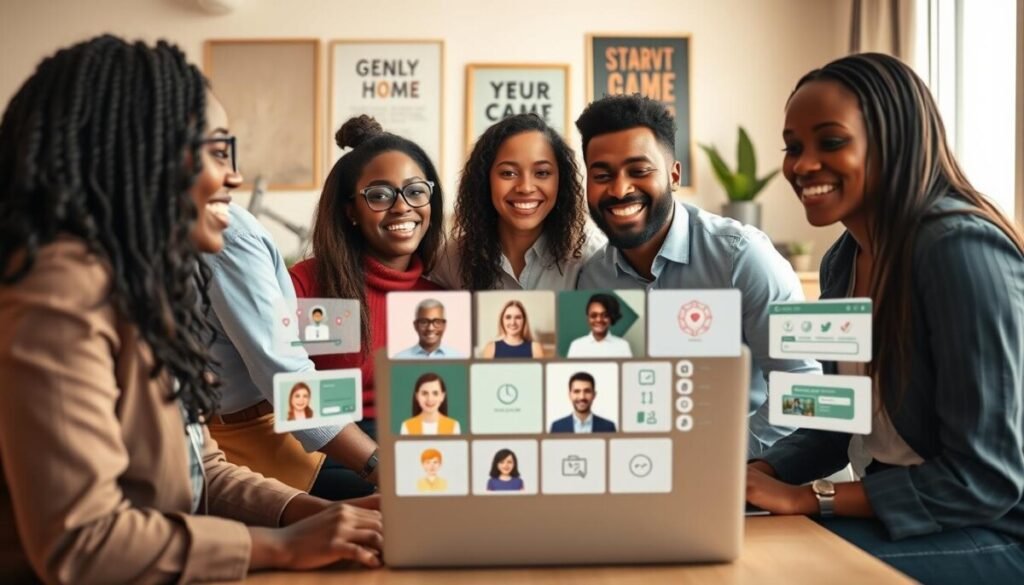 A vibrant and dynamic virtual team building scene set in a modern home office. In the foreground, a diverse group of four professionals gathered around a laptop, engaged in a lively video call. They are wearing smart casual attire, showcasing a mix of genders and ethnicities, with expressions of excitement and collaboration. In the middle ground, various digital tools and platforms are depicted on the laptop screen, illustrating activities like virtual brainstorming and game sessions. In the background, a light-filled room with motivational posters and house plants creates an inviting atmosphere. The lighting is warm and soft, enhancing a sense of camaraderie and positivity. The image should convey a productive and engaging virtual team environment, evoking feelings of connection and teamwork.