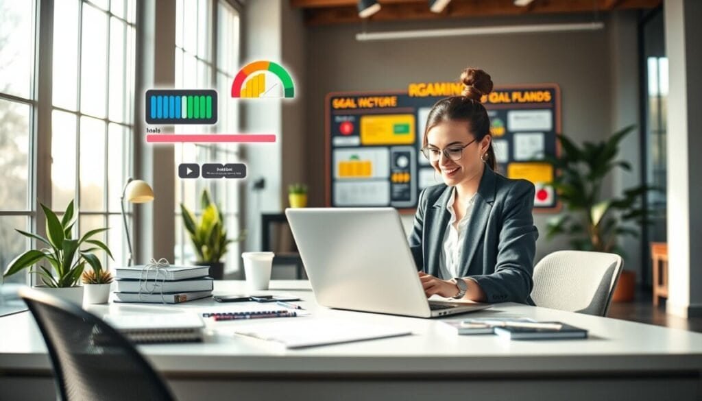 A vibrant and dynamic workspace illustrating the concept of gamifying productivity habits. In the foreground, a professional woman in smart casual attire is engaged in completing tasks on her laptop, with colorful progress bars and game-like achievements appearing around her. The middle layer includes a stylish desk with productivity tools like planners and motivational prompts, while a cheerful, interactive digital board displays goals and rewards. In the background, large windows allow natural light to flood the room, creating an inviting atmosphere. The overall mood is energetic and inspiring, evoking a sense of achievement and enthusiasm for work. Use soft, balanced lighting to highlight the elements and create a harmonious workspace vibe. A vibrant and dynamic workspace illustrating the concept of gamifying productivity habits. In the foreground, a professional woman in smart casual attire is engaged in completing tasks on her laptop, with colorful progress bars and game-like achievements appearing around her. The middle layer includes a stylish desk with productivity tools like planners and motivational prompts, while a cheerful, interactive digital board displays goals and rewards. In the background, large windows allow natural light to flood the room, creating an inviting atmosphere. The overall mood is energetic and inspiring, evoking a sense of achievement and enthusiasm for work. Use soft, balanced lighting to highlight the elements and create a harmonious workspace vibe.