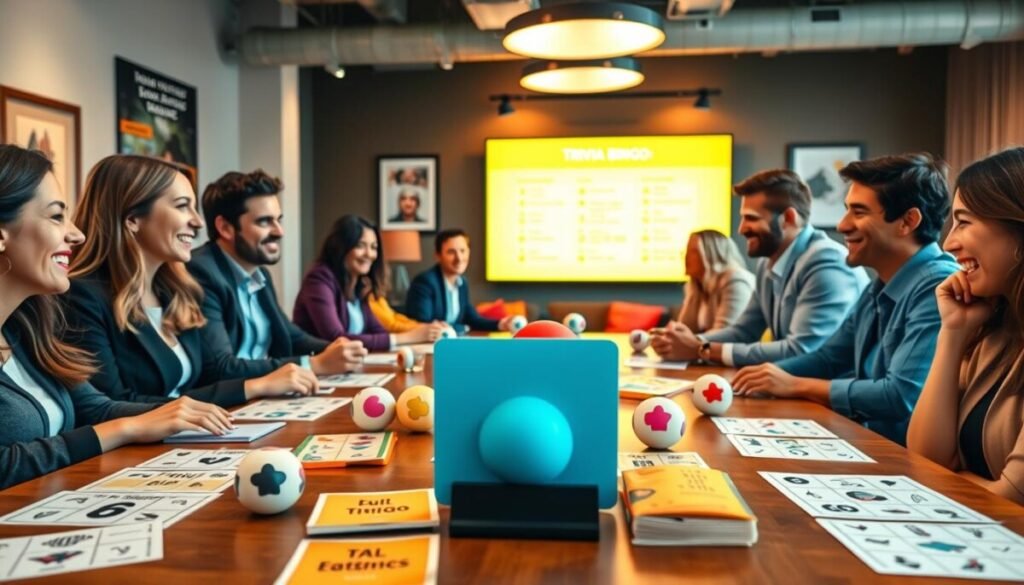 A vibrant and engaging scene depicting an interactive icebreakers bingo trivia game in a virtual team-building setting. In the foreground, a table is set with colorful bingo cards featuring playful icons and trivia prompts, inviting participation. A diverse group of professionals, dressed in smart casual attire, is gathered around the table, sharing laughter and excitement as they play. In the middle, a large screen displays trivia questions, illuminated with bright, inviting colors. The background features a cozy, modern office space with warm lighting, plush seating, and motivational posters. Capture a sense of camaraderie and enthusiasm, with soft focus on the background to highlight the active engagement of the players. Use natural lighting to create a welcoming atmosphere, and employ a medium-angle perspective to encompass all elements harmoniously.