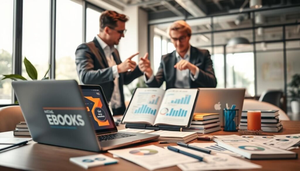 A vibrant and engaging workspace illustrating a digital product strategy for eBooks, courses, and online resources. In the foreground, a sleek laptop displays digital course material alongside a stylized eBook cover. Scattered around are visually appealing graphs and charts showcasing sales growth, and notes with brainstorming ideas. The middle ground features a professional individual in business attire, actively discussing ideas with a colleague, pointing at the screen, conveying collaboration and focus. The background features a modern office with soft, diffused natural light filtering through large windows, creating a warm, inviting atmosphere. The overall mood is productive and innovative, set at a slightly elevated angle to capture the dynamic interaction in this creative environment.