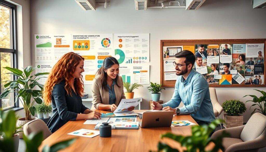 A vibrant and engaging workspace illustrating marketing communication solutions for nonprofits. In the foreground, a diverse group of three professionals—two women and one man—are collaborating around a table, analyzing colorful marketing materials and digital devices. The middle ground features a wall covered in infographics depicting successful campaigns and impactful community engagement, with a large window letting in warm natural light that enhances the atmosphere. In the background, a bulletin board displays photos of community events and volunteer activities, showcasing the nonprofit's mission. The room is filled with greenery and modern furniture, creating an inviting and dynamic environment. The overall mood is hopeful, energetic, and focused on collaboration and community impact.