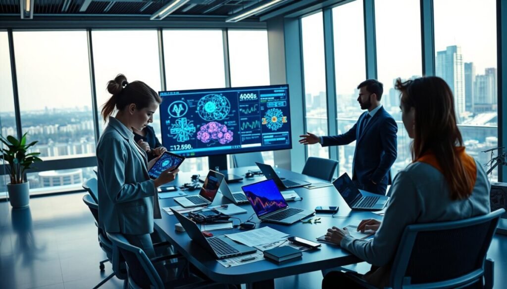 A vibrant and futuristic office space showcasing a diverse group of professionals collaborating on a project about machine learning and natural language processing. In the foreground, a focused woman in smart casual attire looks at a digital tablet displaying complex data visualizations. Nearby, a man in a business suit gestures toward a large screen showing neural networks and text analytics in vivid colors. The middle ground features a sleek conference table cluttered with laptops, notes, and AI-related prototypes. In the background, large windows let in natural light, revealing a city skyline. The atmosphere is dynamic and inspiring, with a deep blue and green color palette that hints at technology and innovation. The scene captures the essence of collaboration and the power of AI-driven tools in modern workflows.