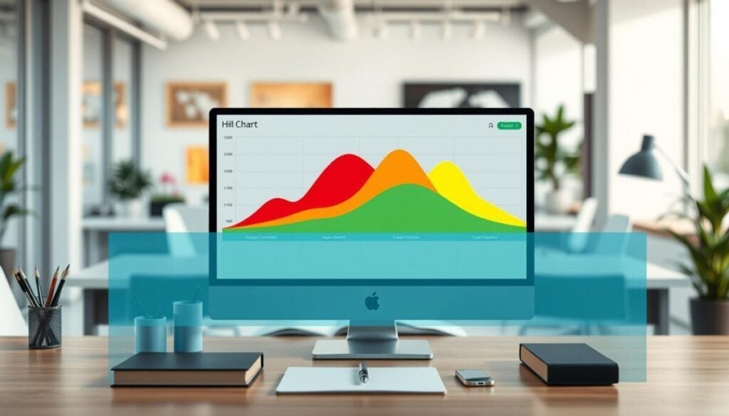 A vibrant and informative hill chart illustration, showing the progress of multiple projects over time. The foreground features a clearly defined hill chart with a gradient of colors representing different project statuses, ranging from red (behind schedule) to green (on track). The middle layer illustrates a clean, organized workspace with a computer monitor displaying the hill chart, surrounded by office supplies and a notepad for brainstorming. In the background, a soft-focus office environment with modern decor creates a professional atmosphere. The lighting is bright and even, highlighting the chart while casting gentle shadows from the objects. The overall mood is optimistic and focused, conveying the importance of visualizing project progress effectively. A vibrant and informative hill chart illustration, showing the progress of multiple projects over time. The foreground features a clearly defined hill chart with a gradient of colors representing different project statuses, ranging from red (behind schedule) to green (on track). The middle layer illustrates a clean, organized workspace with a computer monitor displaying the hill chart, surrounded by office supplies and a notepad for brainstorming. In the background, a soft-focus office environment with modern decor creates a professional atmosphere. The lighting is bright and even, highlighting the chart while casting gentle shadows from the objects. The overall mood is optimistic and focused, conveying the importance of visualizing project progress effectively.