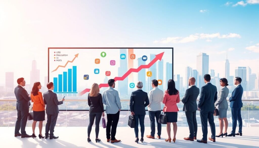 A vibrant and insightful digital illustration depicting the growth of digital education in the US market. In the foreground, a diverse group of professionals in business attire gathers around an interactive screen displaying bar graphs and data visualizations, representing positive market projections. The middle ground features various online course platforms symbolized by colorful logos and icons floating amidst upward-trending arrows. In the background, a modern city skyline under a clear blue sky represents innovation and technology. Soft, diffused lighting adds a hopeful atmosphere, while a slight tilt-down angle focuses on the professionals engaged in discussion, emphasizing collaboration and forward-thinking in the educational landscape.