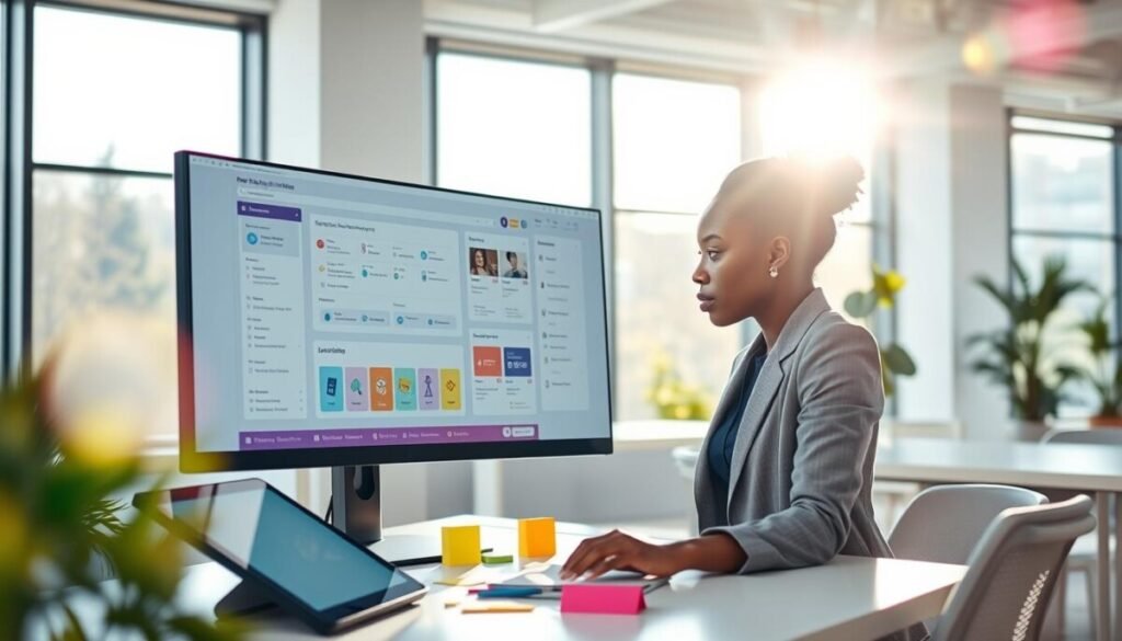 A vibrant and modern workspace featuring a large computer screen displaying a drag-and-drop interface for app building. In the foreground, a focused Black woman in business casual attire is interacting with the interface, moving elements effortlessly. The middle of the scene has a digital tablet and colorful sticky notes scattered around, hinting at workflow automation. The background showcases a bright, contemporary office space with large windows allowing natural light to flood in, creating a warm and inviting atmosphere. Soft lens flares enhance the brightness, and a shallow depth of field draws attention to the interface. The overall mood is innovative and productive, emphasizing the ease of using no-code tools for app development.