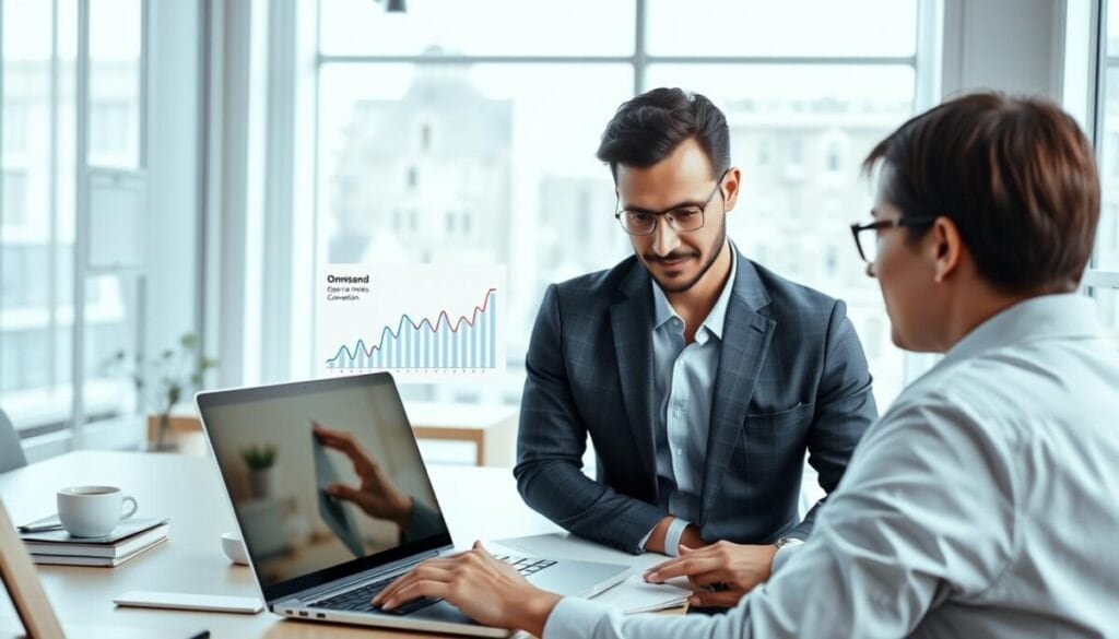 A vibrant and modern workspace showcasing the Omnisend email marketing software interface on a sleek laptop. In the foreground, a professional business person in smart casual attire focuses intently on the screen, with a graph displaying email open rates and conversion analytics. The middle layer features a stylish desk adorned with stationery, a potted plant, and a coffee cup, while the background reveals a bright, minimalist office environment with large windows allowing natural light to flood in. The overall atmosphere is energetic and innovative, signaling a blend of technology and productivity. The image captures the essence of B2B eCommerce marketing, highlighting engagement and automation features in a visually appealing manner.