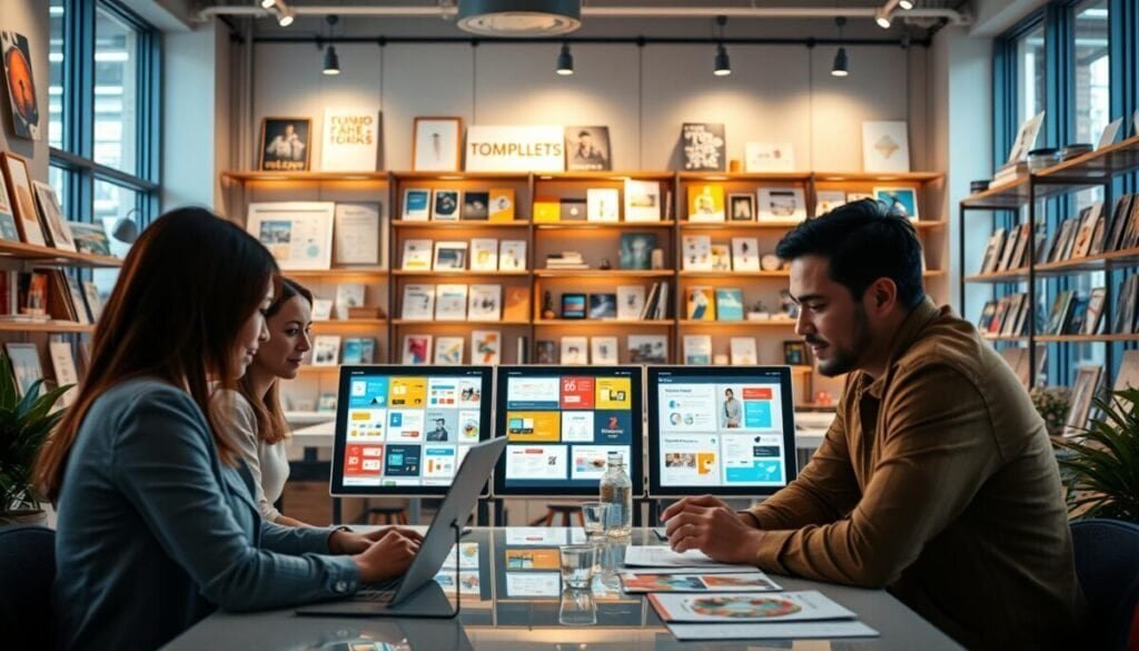 A vibrant digital marketplace scene showcasing design assets and creative work. In the foreground, a sleek, modern workspace features a diverse group of professionals, including a woman of Asian descent and a man of Hispanic descent, discussing design templates on a laptop. The middle ground reveals colorful digital screens filled with templates, graphics, and printables, arranged within an inviting and bustling marketplace atmosphere. In the background, minimalist shelves display various design tools and art supplies, illuminated by warm, soft lighting to create a welcoming ambiance. A sense of creativity and collaboration is palpable, with natural light filtering through large windows, reflecting an atmosphere of productive innovation within a contemporary design hub. A vibrant digital marketplace scene showcasing design assets and creative work. In the foreground, a sleek, modern workspace features a diverse group of professionals, including a woman of Asian descent and a man of Hispanic descent, discussing design templates on a laptop. The middle ground reveals colorful digital screens filled with templates, graphics, and printables, arranged within an inviting and bustling marketplace atmosphere. In the background, minimalist shelves display various design tools and art supplies, illuminated by warm, soft lighting to create a welcoming ambiance. A sense of creativity and collaboration is palpable, with natural light filtering through large windows, reflecting an atmosphere of productive innovation within a contemporary design hub.