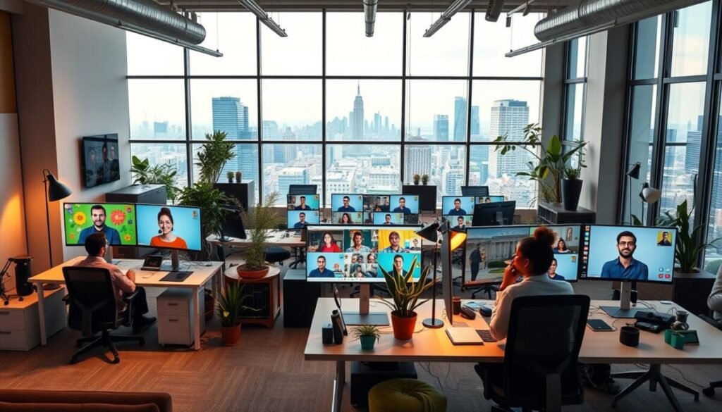 A vibrant, flexible digital office space designed for remote teams, showcasing a modern aesthetic. In the foreground, a diverse group of professionals is engaged in a virtual meeting, each displayed on individual screens with creative backgrounds. The middle section features customizable workstations with ergonomic furniture, plants, and high-tech gadgets, emphasizing comfort and productivity. The background highlights expansive windows with a city skyline, allowing natural light to flood the space, creating an inviting atmosphere. Soft, warm lighting enhances a collaborative vibe, while the camera angle slightly elevated evokes a sense of openness and innovation. The mood is dynamic and inspiring, perfect for remote teamwork.