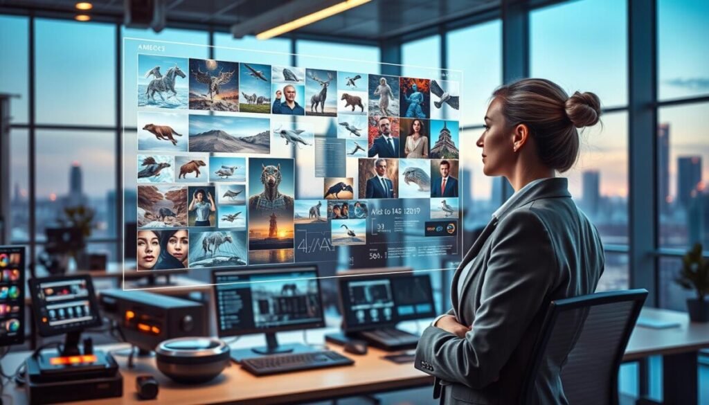 A vibrant, futuristic office space showcasing advanced AI technology in image generation. In the foreground, a professional woman in business attire, analyzing diverse, high-quality images on a transparent holographic screen displaying various AI-generated art. The middle ground features futuristic gadgets and digital tools, such as screens with data visualizations and algorithms, highlighting the integration of AI in creative processes. The background reveals a modern city skyline through large windows, accentuated by soft, ambient lighting that creates an inspiring atmosphere. Use a wide-angle lens effect to capture depth and detail, emphasizing the innovative environment where AI shapes the future of business and creativity.