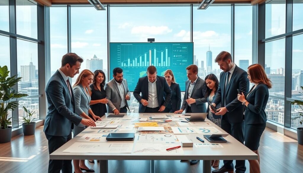 A vibrant, modern office environment serves as the foreground, featuring a diverse group of professionals in smart business attire actively collaborating around a large table strewn with diagrams and digital devices. The middle ground showcases a sleek digital display featuring graphs and data visualizations, emphasizing scalable resource planning strategies. In the background, large windows flood the space with natural light, revealing a bustling cityscape that symbolizes growth and opportunity. Capture the scene from a slightly elevated angle, highlighting both the teamwork and the technology involved. The atmosphere is dynamic and focused, with a sense of innovation and proactive energy, designed to illustrate effective scalability in resource planning for growing agencies.