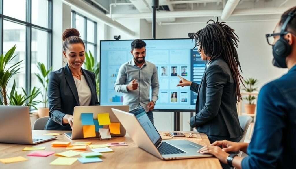 A vibrant, modern workspace featuring a diverse group of professionals collaborating on laptops using no-code platforms. In the foreground, a confident woman in smart business attire showcases a colorful digital interface on her laptop, surrounded by sticky notes and brainstorming materials. In the middle, a man in casual yet professional clothing interacts with a large touchscreen, displaying flowcharts and app interfaces that highlight no-code tools. The background reveals a sleek, open office with large windows letting in natural light, plants adding a touch of greenery, and subtle tech gadgets creating a sense of innovation. The overall atmosphere is dynamic and inspiring, conveying creativity and empowerment in the tech space, focusing on accessibility and collaboration.