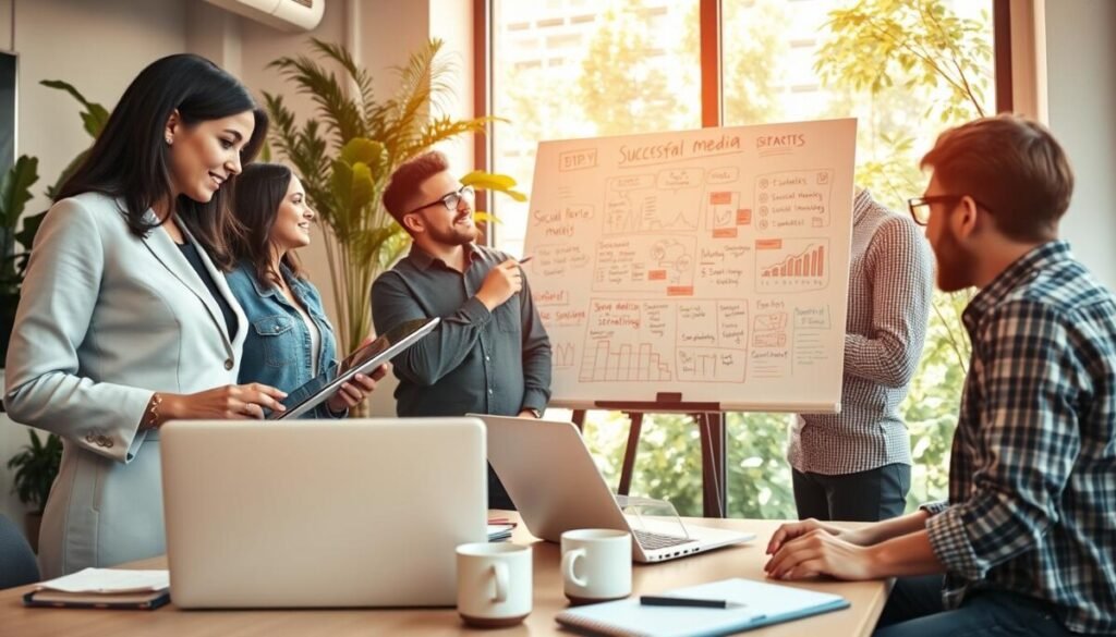 A vibrant office setting featuring a diverse group of content creators engaged in a brainstorming session. In the foreground, a woman in smart business attire is sketching ideas on a digital tablet, while a man in casual yet professional clothing points to a whiteboard filled with colorful diagrams and notes about successful social media strategies. In the middle ground, a laptop is open displaying social media analytics, surrounded by coffee cups and notebooks, illustrating a creative workspace. The background showcases a large window letting in warm, natural light, creating an inspiring atmosphere filled with greenery. The overall mood is energetic and collaborative, emphasizing innovation and real-world success in social media monetization.