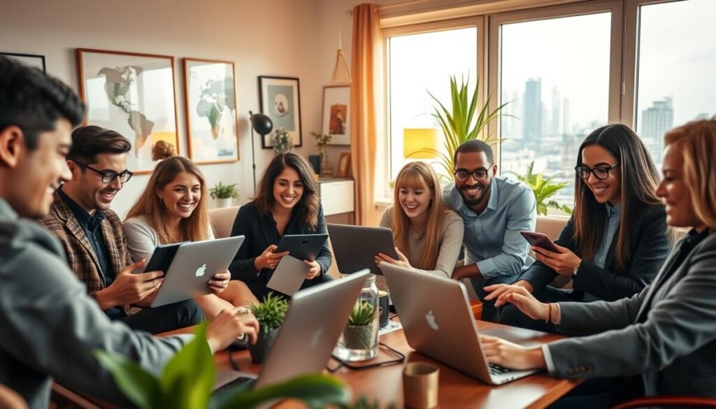A vibrant remote work environment showcasing a strong company culture. In the foreground, a diverse group of professionals, dressed in smart business casual attire, engage with laptops and tablets, collaborating over video calls. Their expressions reflect enthusiasm and connection. In the middle ground, a cozy, well-decorated home office with plants, inspiring artwork, and a large window allowing natural light to flood in. A soft-focus background shows a city skyline, suggesting a global reach. The overall lighting is warm, creating an inviting atmosphere, evoking feelings of teamwork and support. The image should capture the essence of remote communication and the bonds formed in a digital workspace, highlighting innovation and camaraderie.