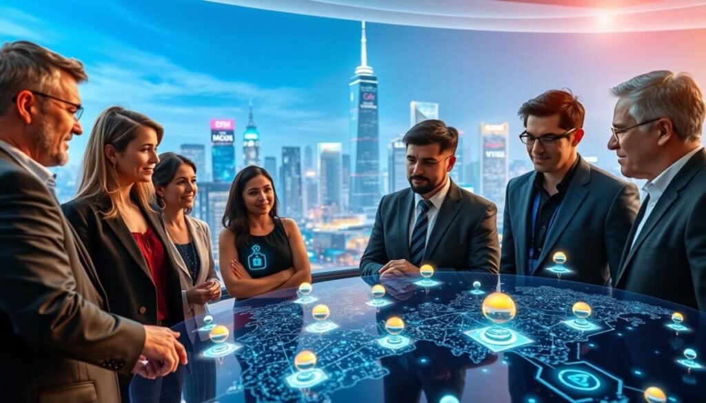 A vibrant web3 community ecosystem scene featuring diverse individuals engaged in collaborative discussions. Foreground: a group of three professionals in business attire analyzing a digital map of interconnected blockchain nodes, showcasing innovation and community. Middle: a visually engaging virtual display of various web3 tools and apps, their interfaces glowing with activity. Background: an abstract cityscape representing a futuristic digital environment, with skyscrapers lined with holographic advertising and decentralized logos. The lighting is bright and dynamic, emanating a sense of energy and optimism. An inviting atmosphere, encouraging creativity and collaboration, with a wide-angle perspective to capture the entire dynamic scene.