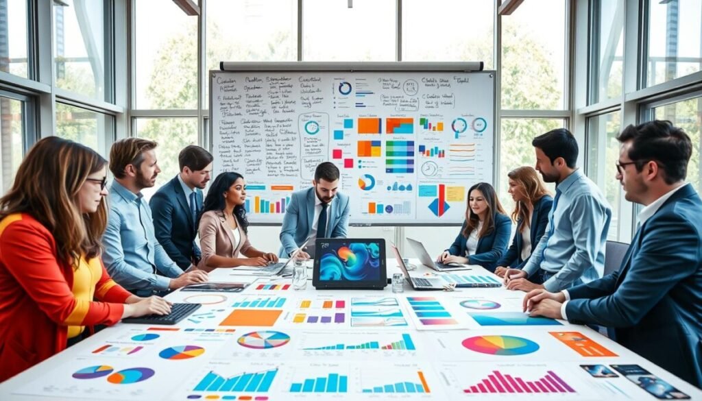 A vibrant workshop scene illustrating various design strategies and color schemes for data visualization. In the foreground, a diverse group of professional individuals, dressed in business attire, collaborates over a large table covered with colorful charts, graphs, and digital devices displaying engaging visuals. The middle layer features a large whiteboard filled with handwritten notes and color palettes, showcasing different color combinations and design principles. In the background, large windows allow for natural light to flood the space, creating a bright and inviting atmosphere. The overall mood is energetic and productive, reflecting a sense of teamwork and creativity in enhancing visual data communication. Use a wide-angle perspective to capture the entire scene in rich detail.