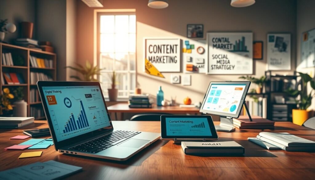 A vibrant workspace filled with innovative content marketing tools. In the foreground, a sleek laptop displays graphs and analytics on its screen, surrounded by colorful sticky notes and brainstorming materials. The middle layer features a polished wooden desk with an array of digital marketing books and a tablet showcasing a social media strategy. In the background, a large window allows natural light to stream in, illuminating a wall adorned with inspirational art related to digital marketing concepts. The mood is energetic and forward-thinking, perfect for a modern digital marketing professional. Soft shadows enhance the depth, with a warm color palette creating an inviting atmosphere. The image captures the essence of creativity and strategy in the realm of content marketing.