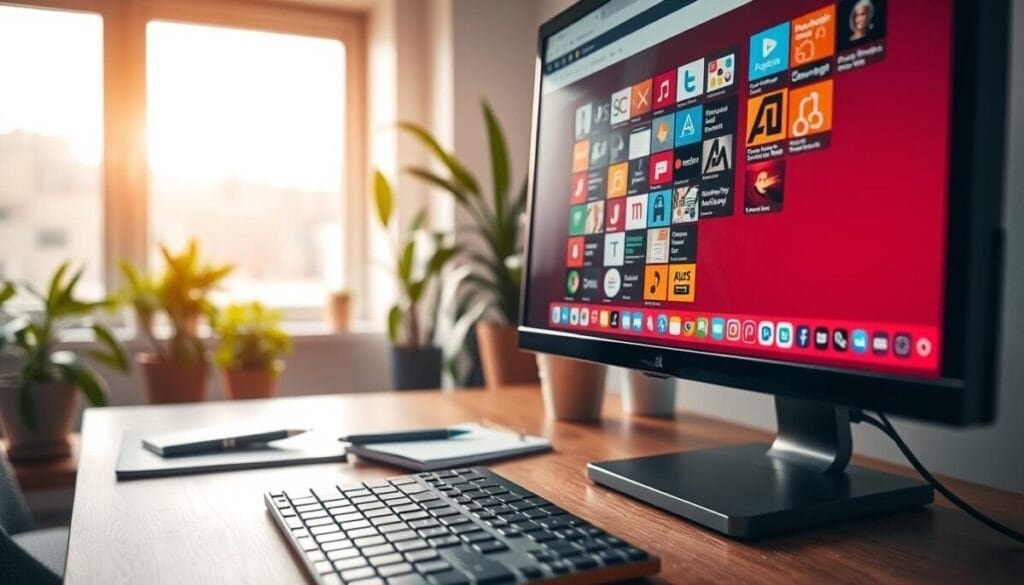 A vibrant workspace scene showcasing a computer screen filled with pinned tabs in a Google Chrome browser, emphasizing efficient tab organization for project-based focus. In the foreground, crisp details of the computer monitor displaying colorful tab icons representing various projects. In the middle ground, a sleek keyboard and a notepad with handwritten notes, hinting at brainstorming. In the background, soft natural light from a window illuminating a tidy desk, surrounded by houseplants for a refreshing atmosphere. The image conveys a sense of productivity and clarity, with a warm, inviting ambiance that inspires focus and creativity. The angle captures the screen from a slight side view, accentuating the height of the monitor, while maintaining a professional aesthetic throughout. A vibrant workspace scene showcasing a computer screen filled with pinned tabs in a Google Chrome browser, emphasizing efficient tab organization for project-based focus. In the foreground, crisp details of the computer monitor displaying colorful tab icons representing various projects. In the middle ground, a sleek keyboard and a notepad with handwritten notes, hinting at brainstorming. In the background, soft natural light from a window illuminating a tidy desk, surrounded by houseplants for a refreshing atmosphere. The image conveys a sense of productivity and clarity, with a warm, inviting ambiance that inspires focus and creativity. The angle captures the screen from a slight side view, accentuating the height of the monitor, while maintaining a professional aesthetic throughout.
