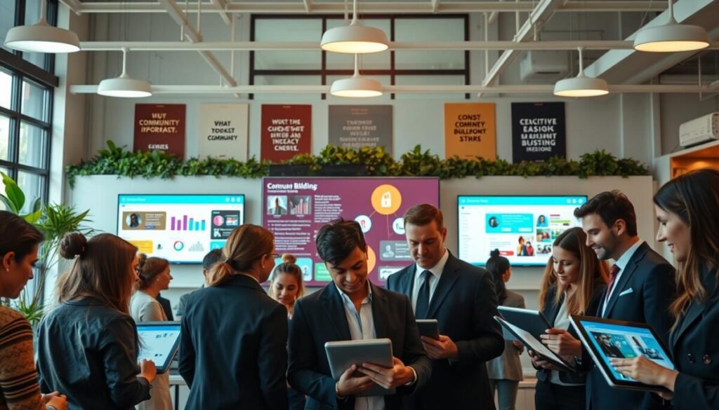 A vibrant workspace showcasing a collaborative design interface for community building among educators and course creators. In the foreground, a diverse group of professionals in smart business attire actively engaging with tablets and digital screens displaying colorful user interfaces and community interactions. The middle layer features a large screen highlighting design elements such as graphs, chat rooms, and interactive features that promote connection. In the background, a softly lit open office space with greenery and motivational posters creates an inspiring atmosphere. Warm, natural lighting filters through large windows, adding a welcoming glow to the scene. The angle is slightly overhead, capturing the collaborative energy and tools essential for effective community building in a modern educational context.