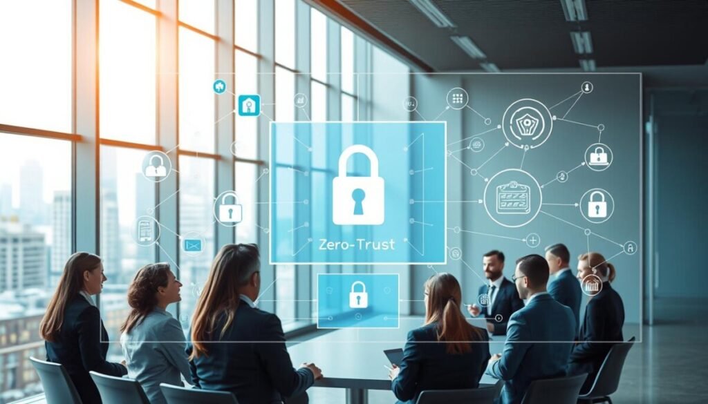 A visual representation of the core principles of a zero-trust environment, featuring a sleek, modern office setting. In the foreground, a diverse group of professionals in business attire, engaged in a dynamic discussion around a high-tech digital whiteboard displaying interconnected network nodes, lock icons, and data protection symbols. The middle layer showcases a transparent digital firewall, illustrating secure data flows, along with visual motifs representing identity verification and continuous monitoring. The background includes large windows with a cityscape view, bathed in soft natural light, complementing the focus on cybersecurity. The mood is proactive and collaborative, emphasizing security and teamwork in a high-tech environment, shot with a wide-angle lens to capture the spaciousness and modernity of the scene.