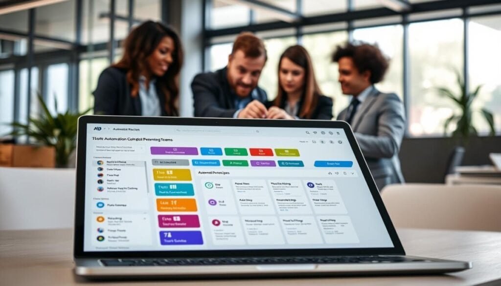 A visually appealing workspace scene showcasing "automation recipes" for high-performing teams. In the foreground, a sleek laptop with an open screen displaying a colorful, organized dashboard of automation workflows, featuring icons representing tasks and automation triggers. On the middle layer, a diverse group of three professionals in business attire, engaged in a collaborative discussion, pointing at the laptop screen, with expressions of focus and excitement. The background includes a bright, modern office environment with large windows allowing natural light to flood in, softening shadows and creating a productive atmosphere. Use a shallow depth of field to highlight the foreground details while subtly blurring the background, enhancing the sense of teamwork and innovation in automation. A visually appealing workspace scene showcasing "automation recipes" for high-performing teams. In the foreground, a sleek laptop with an open screen displaying a colorful, organized dashboard of automation workflows, featuring icons representing tasks and automation triggers. On the middle layer, a diverse group of three professionals in business attire, engaged in a collaborative discussion, pointing at the laptop screen, with expressions of focus and excitement. The background includes a bright, modern office environment with large windows allowing natural light to flood in, softening shadows and creating a productive atmosphere. Use a shallow depth of field to highlight the foreground details while subtly blurring the background, enhancing the sense of teamwork and innovation in automation.