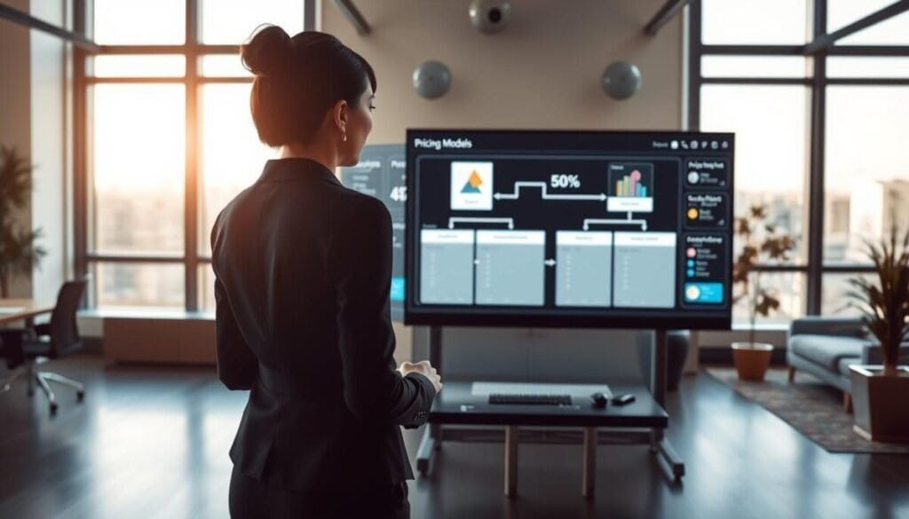 A visually compelling representation of pricing models automation, focusing on a sleek, modern workspace. In the foreground, a female professional in smart business attire is interacting with an interactive digital dashboard displaying various pricing models, charts, and graphs. In the middle ground, a large screen shows a flowchart illustrating the automation process, with arrows connecting different pricing strategies. The background is a contemporary office setting with large windows allowing natural light to flood the room, creating an inspiring and productive atmosphere. Soft shadows enhance the depth, while a warm color palette evokes a sense of collaboration and innovation. The angle is slightly elevated, offering a clear view of the dashboard and setting, giving a comprehensive feel of the automation in action. A visually compelling representation of pricing models automation, focusing on a sleek, modern workspace. In the foreground, a female professional in smart business attire is interacting with an interactive digital dashboard displaying various pricing models, charts, and graphs. In the middle ground, a large screen shows a flowchart illustrating the automation process, with arrows connecting different pricing strategies. The background is a contemporary office setting with large windows allowing natural light to flood the room, creating an inspiring and productive atmosphere. Soft shadows enhance the depth, while a warm color palette evokes a sense of collaboration and innovation. The angle is slightly elevated, offering a clear view of the dashboard and setting, giving a comprehensive feel of the automation in action.