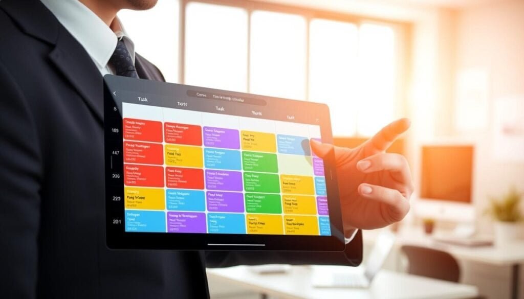 A visually engaging calendar view displayed on a sleek, modern digital interface. In the foreground, a user-friendly calendar grid showcases vibrantly colored task blocks, each representing different scheduled activities and deadlines. The middle layer includes subtle animations indicating task movement and reminders, conveying an active management experience. In the background, a softly blurred workspace environment with natural lighting that filters through a window, creating a warm and inviting atmosphere. The scene is devoid of any text and emphasizes productivity and organization, ideal for illustrating effective time management strategies. Professional business attire is worn by a person interacting with the calendar, suggesting a focused, motivated individual. The image should evoke a sense of clarity, efficiency, and empowerment in managing one's schedule. A visually engaging calendar view displayed on a sleek, modern digital interface. In the foreground, a user-friendly calendar grid showcases vibrantly colored task blocks, each representing different scheduled activities and deadlines. The middle layer includes subtle animations indicating task movement and reminders, conveying an active management experience. In the background, a softly blurred workspace environment with natural lighting that filters through a window, creating a warm and inviting atmosphere. The scene is devoid of any text and emphasizes productivity and organization, ideal for illustrating effective time management strategies. Professional business attire is worn by a person interacting with the calendar, suggesting a focused, motivated individual. The image should evoke a sense of clarity, efficiency, and empowerment in managing one's schedule.