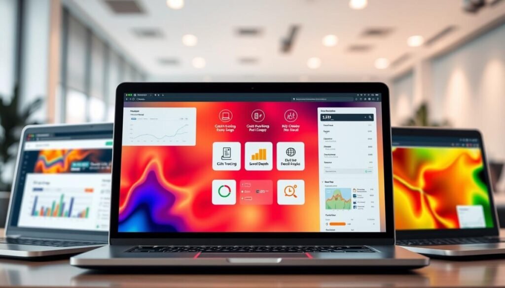 A visually engaging comparison of heatmap platforms, showcasing websites side by side on modern computer screens. In the foreground, display three sleek laptops with vibrant heatmaps displayed, illustrating user interaction data in various colors like reds, oranges, and greens. In the middle, arrange graphic elements like icons representing different features of heatmap tools (click tracking, scroll depth, user demographics) along with metrics like user engagement and heat intensity. The background features a blurred abstract office space with soft lighting, creating a professional atmosphere. Use a high-angle perspective to enhance the depth and focus on the screens, ensuring clarity and vividness in the heatmap visuals. Create a calm, informative mood that invites viewers to explore the comparison.