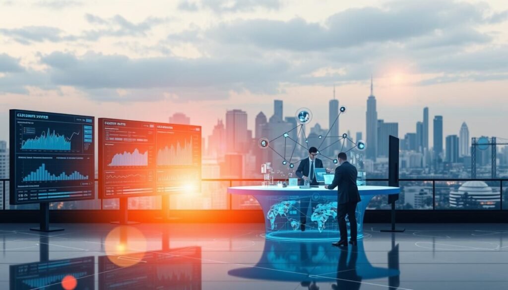 A visually engaging depiction of the evolution of customer data platforms, showcasing a timeline from early data management systems to modern, AI-driven platforms. In the foreground, illustrate a series of interconnected screens displaying graphs and analytics, symbolizing the growth of data processing. The middle ground features professionals in business attire collaborating around a large digital table, surrounded by holographic data projections. In the background, create a city skyline, representing the business ecosystem that benefits from these platforms. Use soft, ambient lighting to highlight the innovative atmosphere, with a slight lens flare to emphasize a sense of progress and technology. Aim for a dynamic mood that conveys advancement and collaboration in the realm of customer data management.