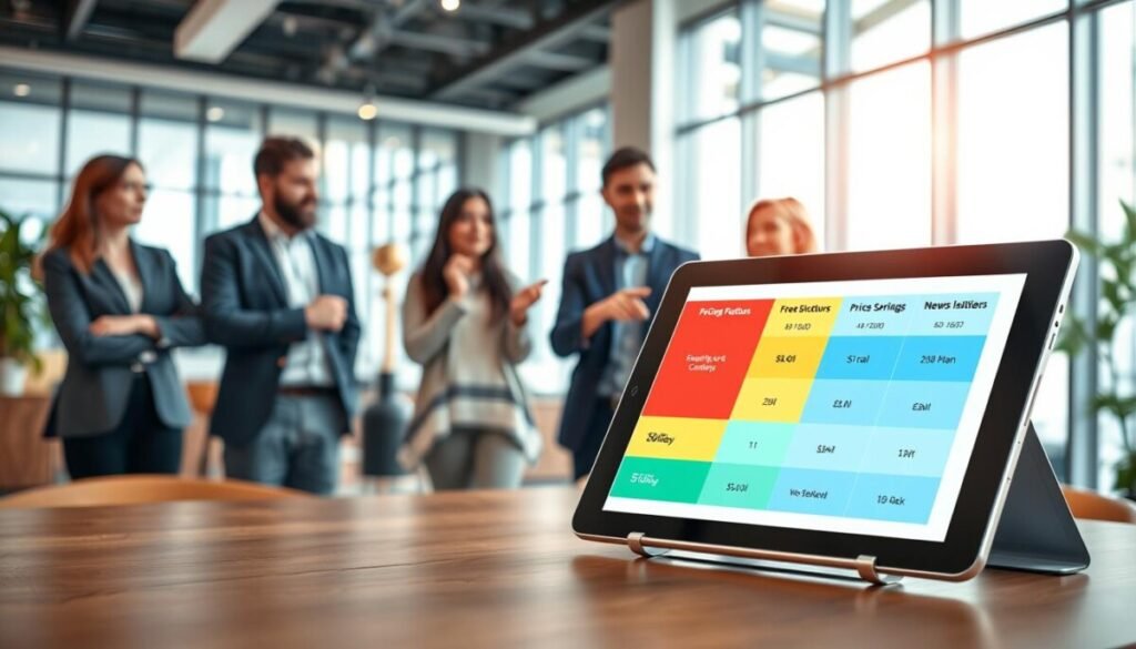 A visually engaging illustration depicting a comparison of pricing structures and free plans for newsletter platforms. In the foreground, a large, stylish digital tablet displays a vibrant chart comparing various pricing tiers with bold icons representing free plans. In the middle ground, a group of professionals in smart casual attire are engaged in a discussion, pointing at the tablet, with expressions of interest and analysis. The background features a modern office setting with large windows, allowing natural light to fill the space, creating a bright atmosphere. Use a shallow depth of field to focus on the tablet and the professionals while subtly blurring the office environment. Overall, the image conveys a sense of collaboration and discovery in evaluating newsletter options.