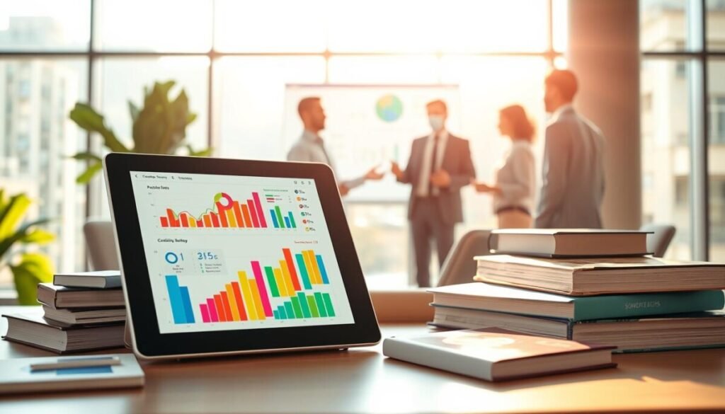 A visually engaging illustration depicting diverse resources and learning paths for aspiring data visualizers. In the foreground, a digital tablet displays colorful graphs and charts, surrounded by books on data visualization, creativity, and analytics. In the middle ground, a diverse team of professionals (in business attire) collaboratively examines data on a large screen, showcasing an interactive data dashboard. The background features a modern office setting with large windows, bright sunlight streaming in, creating a warm and inviting atmosphere. Soft reflections on the glass emphasize a sense of clarity and focus. The overall mood is inspiring, highlighting the accessibility of data visualization tools for non-techies. Use soft, natural lighting to enhance the congenial environment, captured with a slight depth of field to draw attention to the foreground elements.