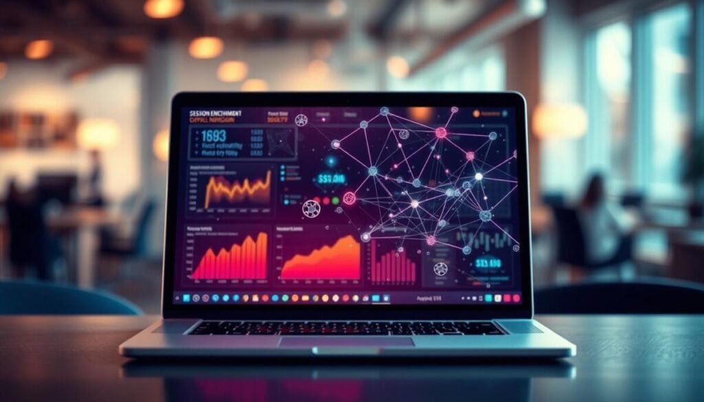 A visually engaging illustration of session enrichment data, featuring a modern digital workspace. In the foreground, a sleek laptop displays vibrant graphs and analytics dashboards, symbolizing enhanced data quality. The middle layer includes a transparent overlay of interconnected nodes, representing data flow and connectivity, surrounded by abstract digital patterns conveying complex information. The background features a softly blurred office environment with warm, inviting lighting, giving a sense of professionalism and focus. A subtle bokeh effect adds depth, and the overall mood is one of innovation and reliability in data management. The scene captures the essence of data-driven decision-making in a high-tech setting, emphasizing clarity and precision.
