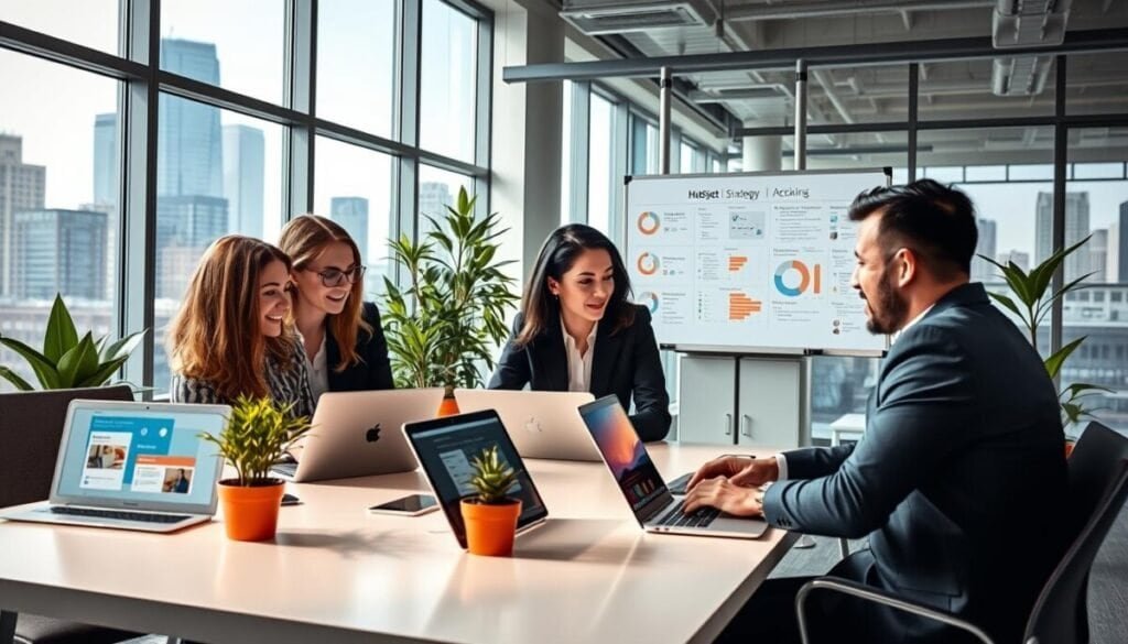 A visually engaging office environment showcasing HubSpot's email marketing tools. In the foreground, a diverse group of three professionals—two women and one man—collaborating around a sleek, modern table filled with laptops and digital devices. They’re dressed in smart business attire, focused on a vibrant screen displaying colorful email templates and analytics dashboards. In the middle ground, a large whiteboard features marketing strategy notes and flowcharts, while potted plants add a touch of greenery. The background displays floor-to-ceiling windows with city skyline views, providing natural light that creates a bright and optimistic atmosphere. The overall mood feels dynamic and innovative, emphasizing collaboration and agency growth in a modern workspace. Use a wide-angle lens to capture the entire scene, highlighting the professional ambiance and technology integration. A visually engaging office environment showcasing HubSpot's email marketing tools. In the foreground, a diverse group of three professionals—two women and one man—collaborating around a sleek, modern table filled with laptops and digital devices. They’re dressed in smart business attire, focused on a vibrant screen displaying colorful email templates and analytics dashboards. In the middle ground, a large whiteboard features marketing strategy notes and flowcharts, while potted plants add a touch of greenery. The background displays floor-to-ceiling windows with city skyline views, providing natural light that creates a bright and optimistic atmosphere. The overall mood feels dynamic and innovative, emphasizing collaboration and agency growth in a modern workspace. Use a wide-angle lens to capture the entire scene, highlighting the professional ambiance and technology integration.