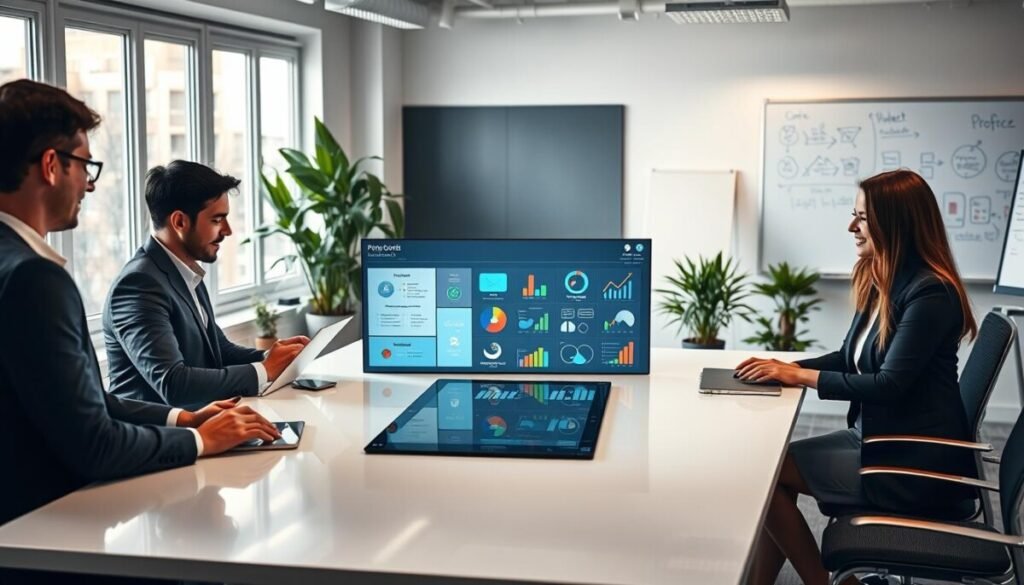 A visually engaging office scene representing "productivity features integration." In the foreground, a diverse group of four professionals, two men and two women in smart business attire, are gathered around a sleek, modern table equipped with digital devices displaying collaborative software. In the middle, a large interactive screen showcases a vibrant interface featuring project management tools, charts, and graphs that symbolize efficiency and teamwork. The background reveals a bright, contemporary office with large windows allowing natural light to flood in, plants for a touch of nature, and a whiteboard filled with notes and diagrams. The atmosphere is dynamic and focused, signifying innovation and synergy among the team members. Utilize soft, balanced lighting to create a warm and inviting work environment, captured from a slightly elevated angle to encompass all elements harmoniously.